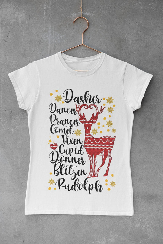 "Dasher, Dancer, Prancer, Comet, Vixen, Cupid, Donner, Blitzen and Rudolph" T-Shirt