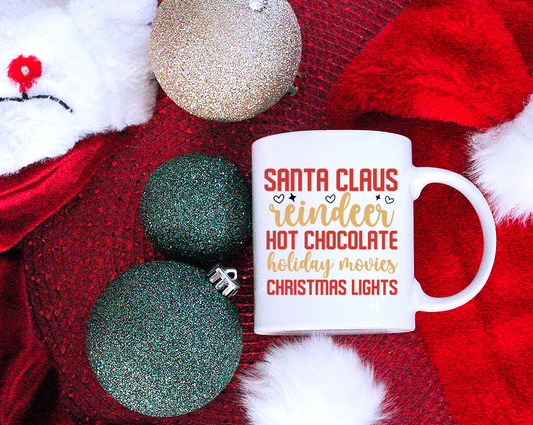 "Santa Claus Reindeer Hot Chocolate Holiday Movies Christmas Lights" 12 oz Mug