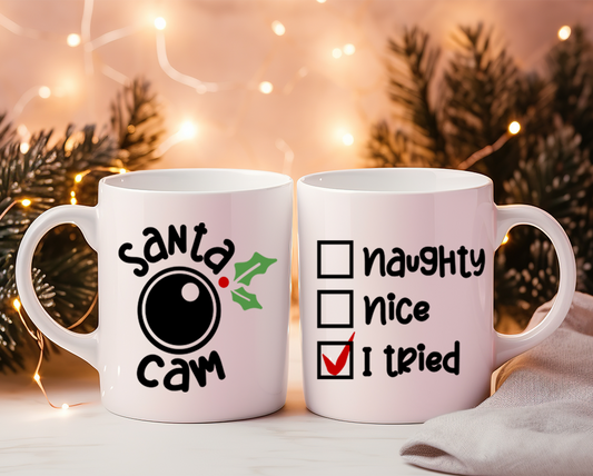 "Santa Cam - Naughty, Nice, I tried" 12 oz Mug