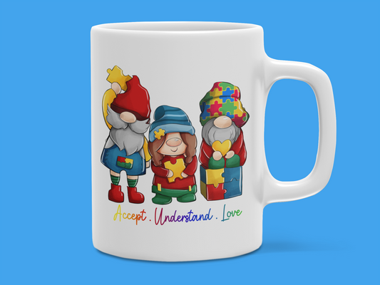"Accept Understand Love" GNOME Autism Mug 12 or 15 oz.