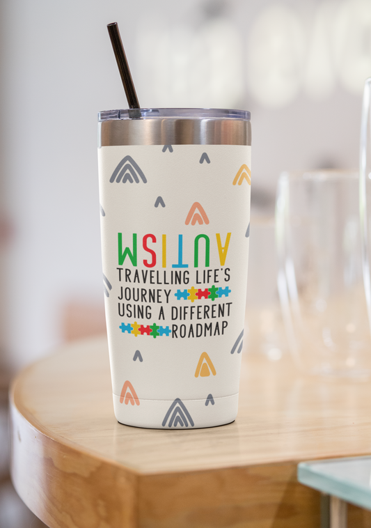 "Autism Traveling Lifes Journey Using A Different Road Map" 20 or 30 oz. Tumblers.