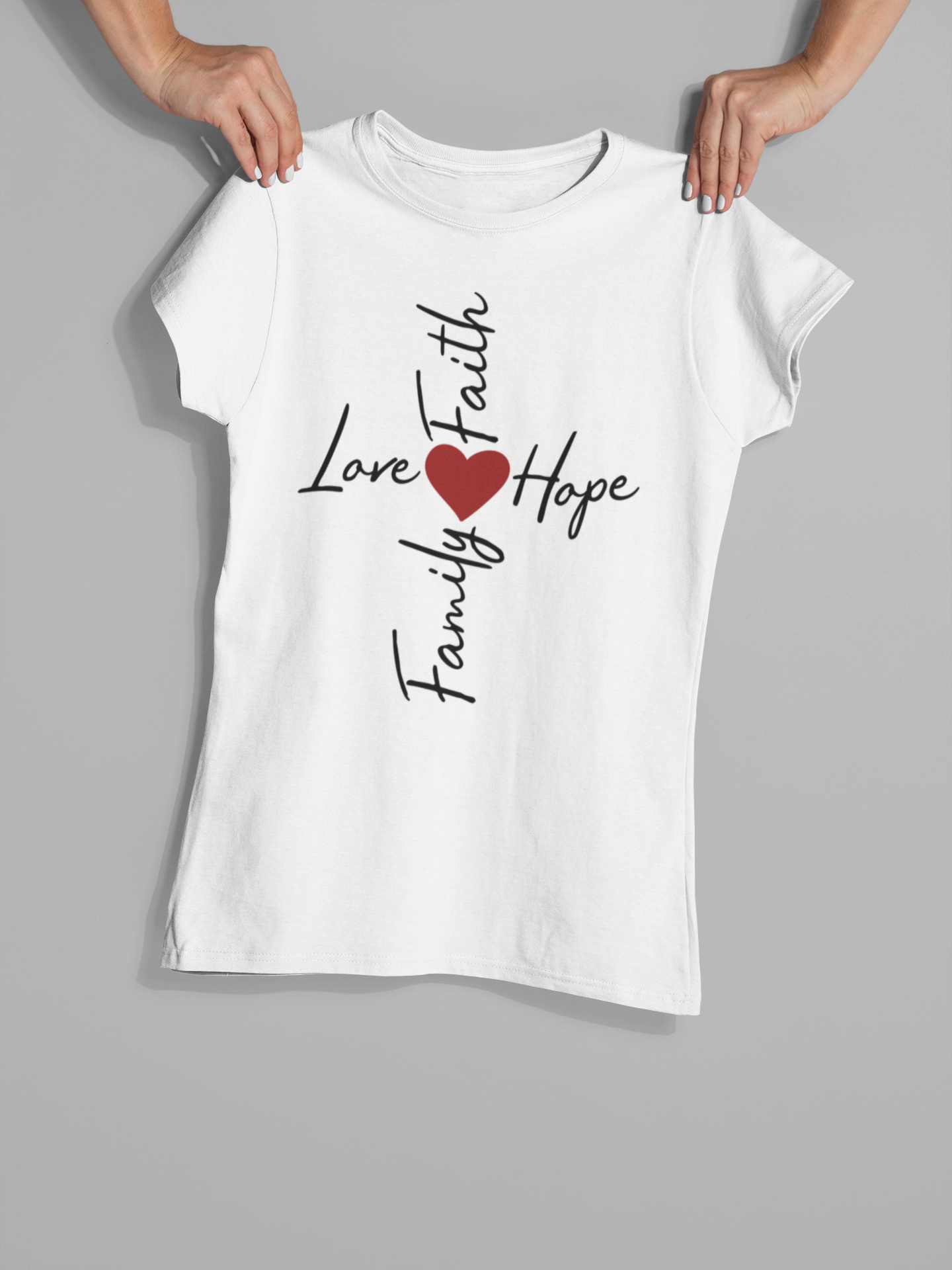 Love Faith Hope Family Cross" Christian T-Shirt