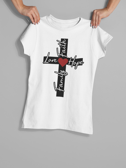 Love Faith Hope Family Cross" Christian T-Shirt