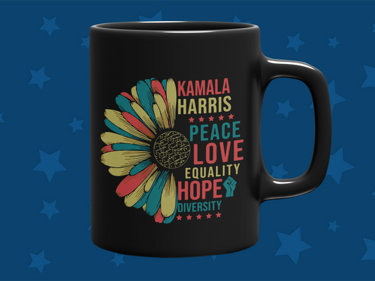 "Harris Peace Love Equality Hope Diversity 2024" 12 or 15 oz. Mugs